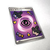 A Pokemon energy card with Pumpkaboos and Halloween candy painted on.