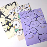 Art prints of Ditto, Pichu, and Rowlet illustrations.