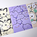 Art prints of Ditto, Pichu, and Rowlet illustrations.